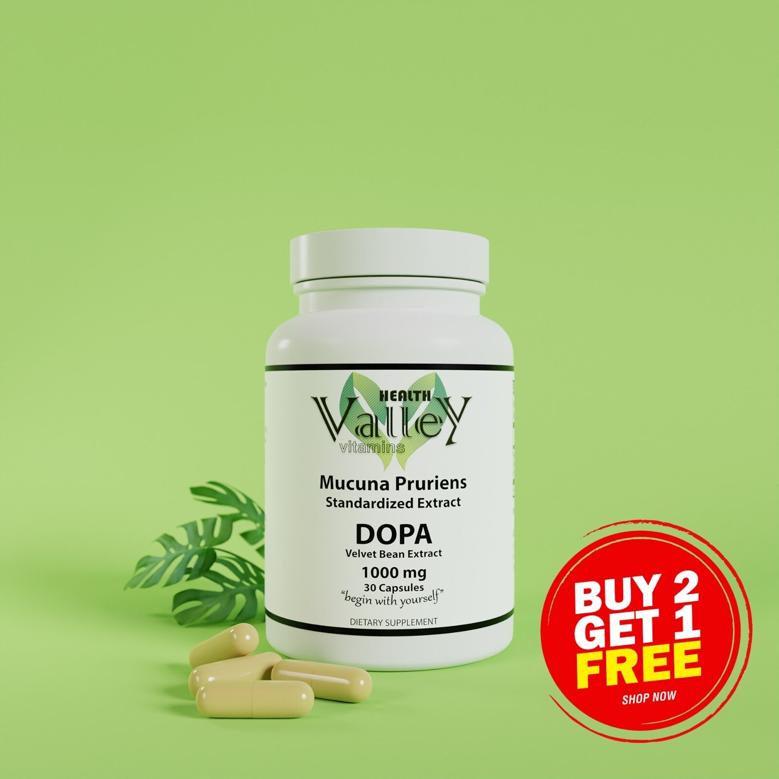 Mucuna Pruriens Extract 1000Mg L-DOPA Lowers Stress, Reduces Anxiety,30 Capsules